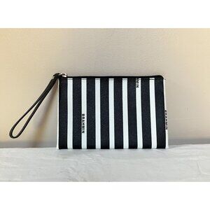 Brahmin Black & White Striped Wristlet Clutch Coated Canvas School Signature